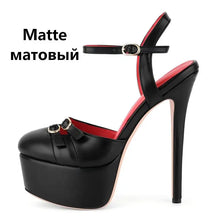 Load image into Gallery viewer, Black high-heeled platform sandal with red interior on a white background