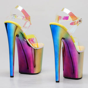 Rear view iridescent stripper high heels