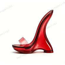 Load image into Gallery viewer, A translucent red high-heeled shoe with a curved, sculptural heel and a clear strap, shown from a side profile on a white background with faint watermark text.
