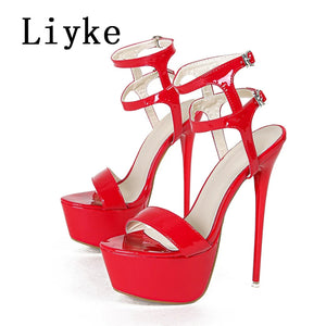 Red high-heeled platform sandals with 'Liyke' branding on a white background