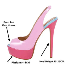 Load image into Gallery viewer, Pink high-heeled shoe with labeled features on a white background