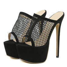 Load image into Gallery viewer, Black high-heeled shoes with fishnet mesh design on a white background
