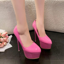 Load image into Gallery viewer, Side view pink high heel platform pumps