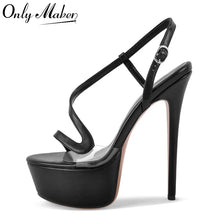 Load image into Gallery viewer, Black high-heeled sandal with clear platform on a white background, featuring &#39;Only Maker&#39; brand.