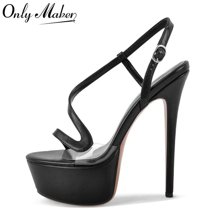 Black high-heeled sandal with clear platform on a white background, featuring 'Only Maker' brand.