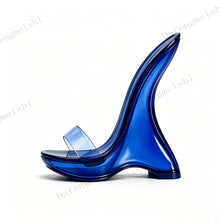Load image into Gallery viewer, A single glossy translucent blue high-heeled sandal with a clear strap, shown in side profile on a white background with faint watermark text.