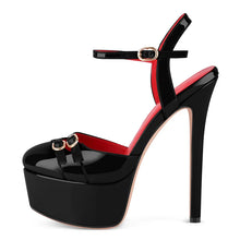 Load image into Gallery viewer, Black high-heeled sandal with red interior on a white background