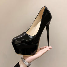 Load image into Gallery viewer, Side view black high heel platform pumps
