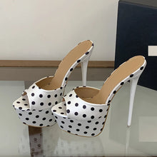 Load image into Gallery viewer, White high-heeled shoes with black polka dots on a reflective surface.