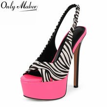 Load image into Gallery viewer, High-heeled sandal with zebra pattern and pink platform on a white background, branded 'Onlymaker'.