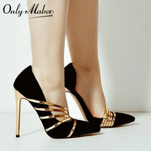 Load image into Gallery viewer, Black high-heeled shoes with gold accents worn by a person on a white background, featuring the brand &#39;Only Maker&#39;.