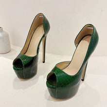 Load image into Gallery viewer, Green high-heeled shoes on a white surface with a neutral background