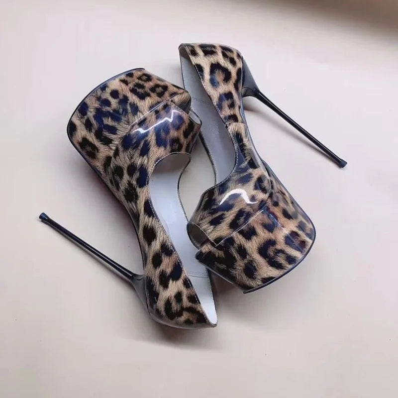 Leopard print high-heeled shoes on a light background