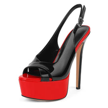 Load image into Gallery viewer, Black and red high-heeled platform shoe on a white background