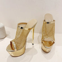 Load image into Gallery viewer, Gold high-heeled shoes on a white background