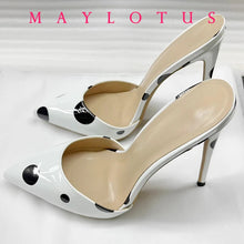 Load image into Gallery viewer, White high-heeled shoes with beige soles and black accents on a light background, featuring the brand 'May Lotus'.