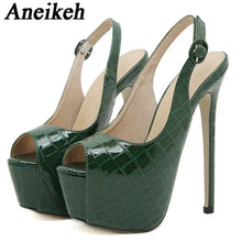 Load image into Gallery viewer, Green high-heeled shoes with a platform on a white background, branded &#39;Aneikeh&#39;.