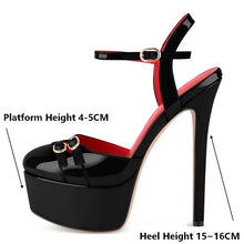 Load image into Gallery viewer, Black and red high-heeled platform shoe with height measurements on a white background