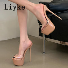 Load image into Gallery viewer, A pair of high-heeled platform mule sandals in a nude beige color with clear transparent straps, shown on a model's feet. The brand name 'Liyeke' is visible in the top left corner.