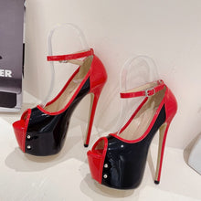 Load image into Gallery viewer, Side view black and red high heel platforms