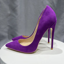 Load image into Gallery viewer, Side view purple stiletto high heels