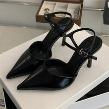 Load image into Gallery viewer, Black pointed-toe high-heeled shoes on a white surface with a blurred background