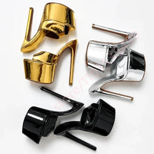 Load image into Gallery viewer, Three pairs of glossy platform high-heeled sandals in metallic gold, silver, and black, arranged on a plain white background.