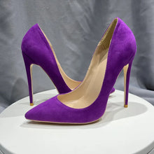 Load image into Gallery viewer, Side view stiletto high heels in purple. For sale