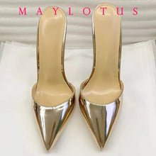 Load image into Gallery viewer, Pair of gold high-heeled shoes on a white background