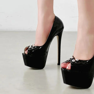 Black String Bead Platform Heels