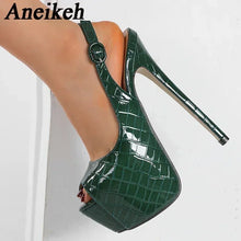 Load image into Gallery viewer, Green high-heeled shoe with crocodile pattern on a white background, featuring the brand &#39;Aneikeh&#39;.