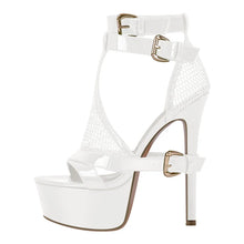 Load image into Gallery viewer, White high-heeled sandals with mesh design and gold buckles on a white background