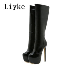 Load image into Gallery viewer, Black knee-high boots with high heels on a white background, branded 'Liyke'.