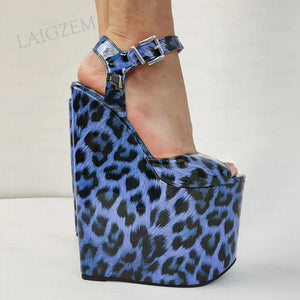 Side view leopard print high heel wedges