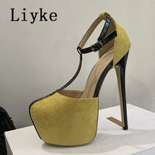 Load image into Gallery viewer, Yellow high-heeled shoe with a black strap on a white platform, branded &#39;Liyke&#39;.