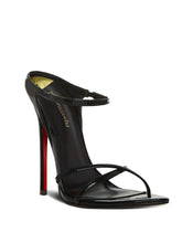 Load image into Gallery viewer, Black high-heeled sandal with a red sole on a white background