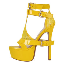 Load image into Gallery viewer, Yellow high-heeled sandal with mesh design on a white background
