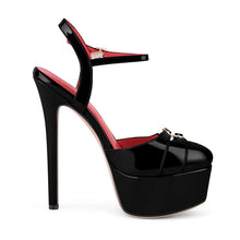 Load image into Gallery viewer, Black high-heeled platform shoe with red interior on a white background