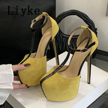 Load image into Gallery viewer, Yellow high-heeled shoes with black straps held by a person, brand &#39;Liyke&#39; visible.