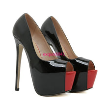Load image into Gallery viewer, A pair of black patent leather high-heeled pumps with open toes, a chunky platform sole, and a contrasting red toe cap, shown on a white background.