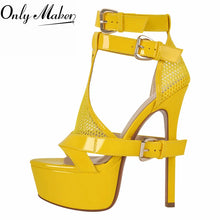 Load image into Gallery viewer, Yellow high-heeled sandal with mesh design and platform sole on a white background, branded 'Only Maker'.