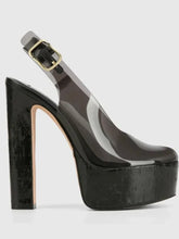Load image into Gallery viewer, Black high-heeled platform shoe on a light gray background