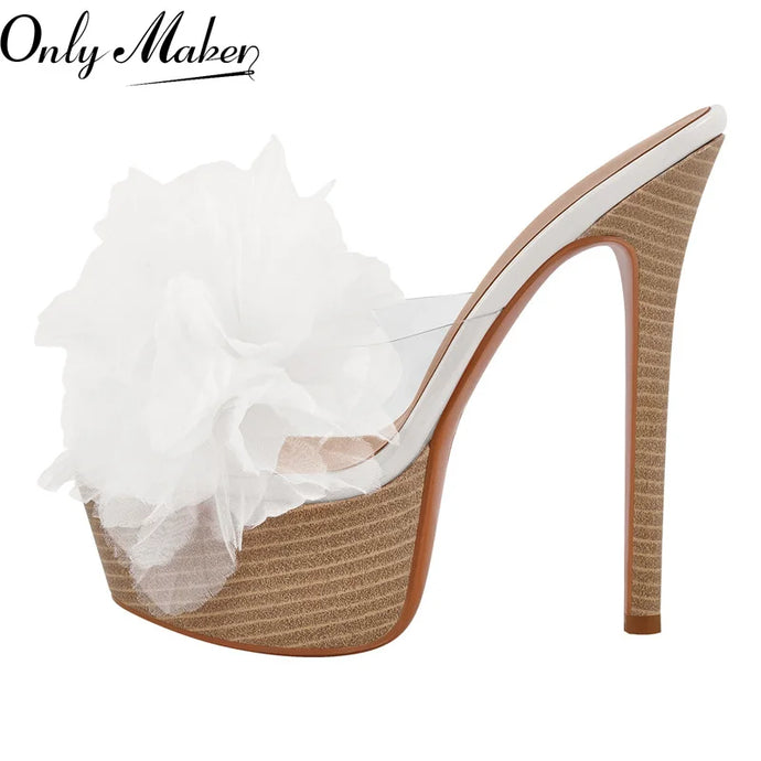 High-heeled shoe with white flower detail on a white background, featuring 'Only Maker' brand.