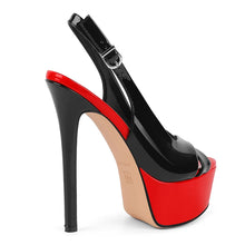 Load image into Gallery viewer, Black and red high-heeled sandal on a white background