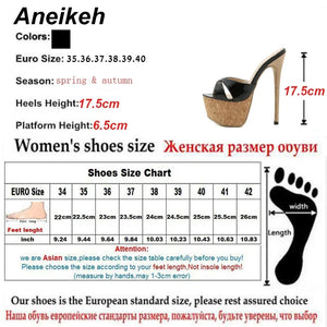 Product description card for women's high-heeled shoes with size chart and measurements.