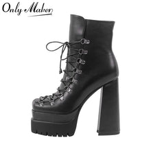 Load image into Gallery viewer, Black platform boot with high heel and lace-up design on a white background, featuring &#39;Only Maker&#39; branding.