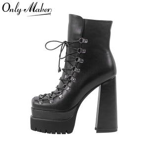 Black platform boot with high heel and lace-up design on a white background, featuring 'Only Maker' branding.
