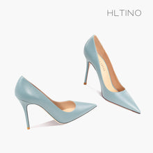 Load image into Gallery viewer, A pair of HLTINO light blue pointed-toe stiletto pumps on a clean white background, with the brand name 'HLTINO' printed in the top right corner.
