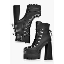 Load image into Gallery viewer, Black platform boots with high heels and lace-up design on a white background