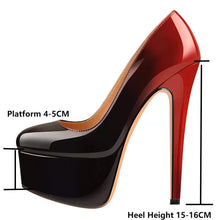 Load image into Gallery viewer, A high-heeled platform pump shown on a white background with measurement lines and text indicating a 4-5 cm platform and 15-16 cm heel height.